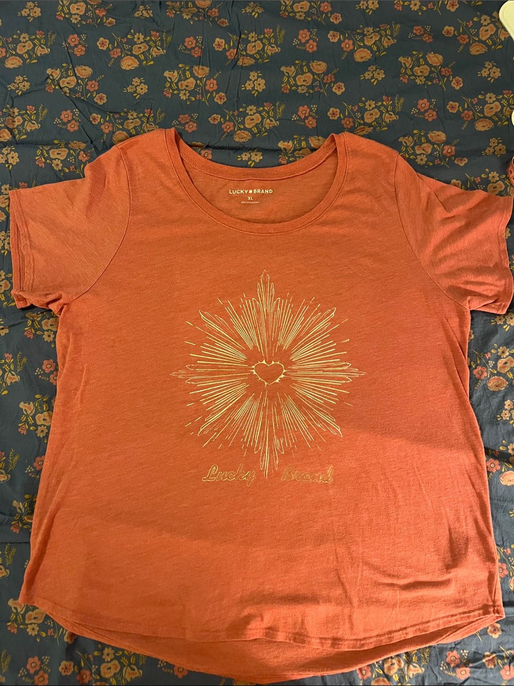 Lucky Brand Orange Tee with Metallic Gold Burst Heart